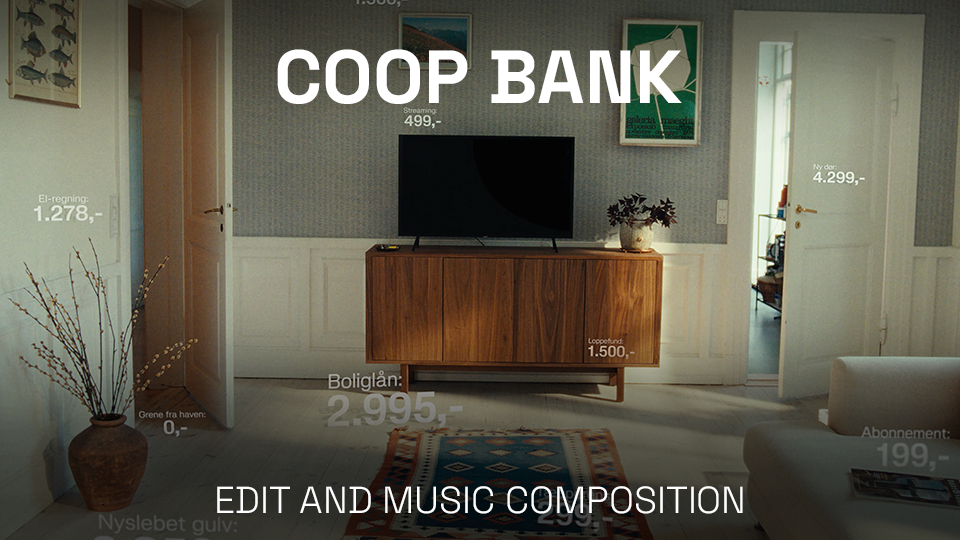 A living room with gray walls, white wainscoting, and a wooden TV stand with a flat-screen television. There is a tall vase with branches on the left and a potted plant on the right. The room has a rug on the light wood floor, and an open door to another room. Text labels and prices are overlayed on the image, along with the words 'COOP BANK' and 'EDIT AND MUSIC COMPOSITION'.