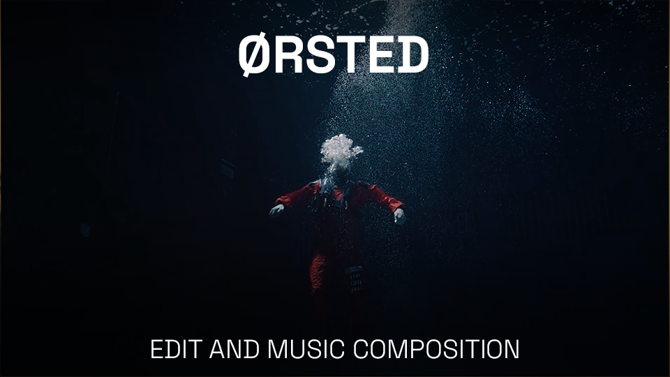 A person in a red jacket is underwater with bubbles coming from their head, behind the word 'ØRSTED'. The text 'EDIT AND MUSIC COMPOSITION' is at the bottom.