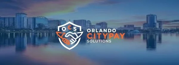 Orlando CityPay Solutions logo over a city skyline with water reflection during sunset.