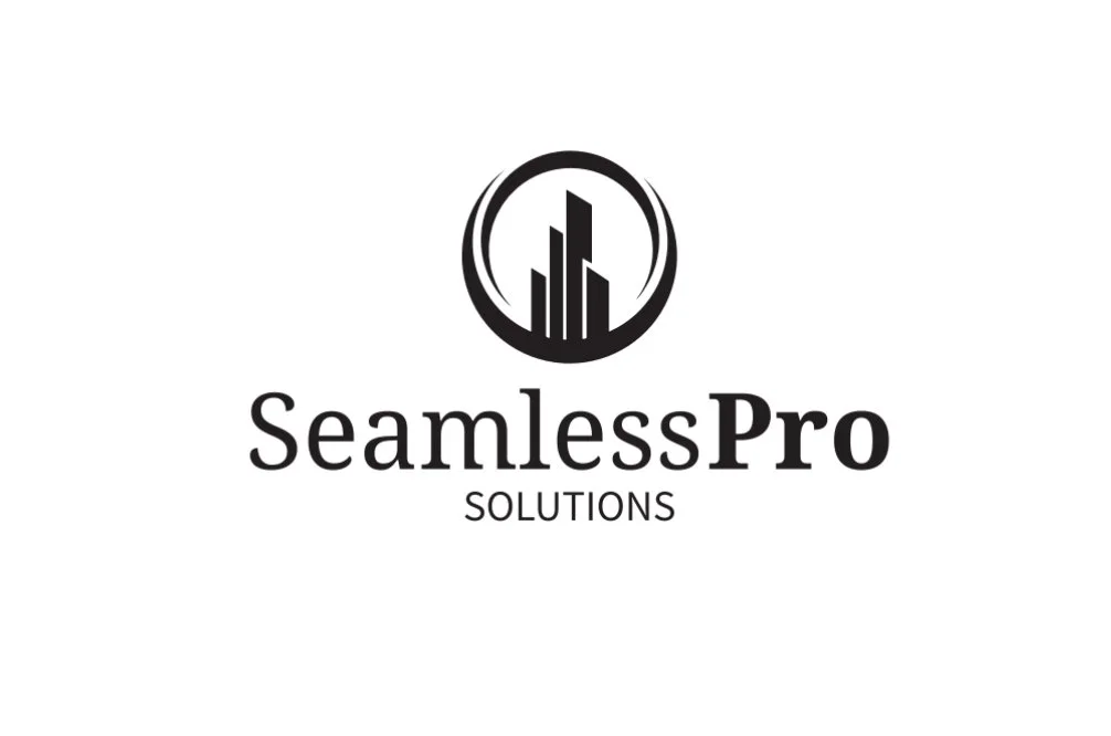 Black and white logo with a stylized building inside a circular shape, and the words "SeamlessPro Solutions" beneath the icon.