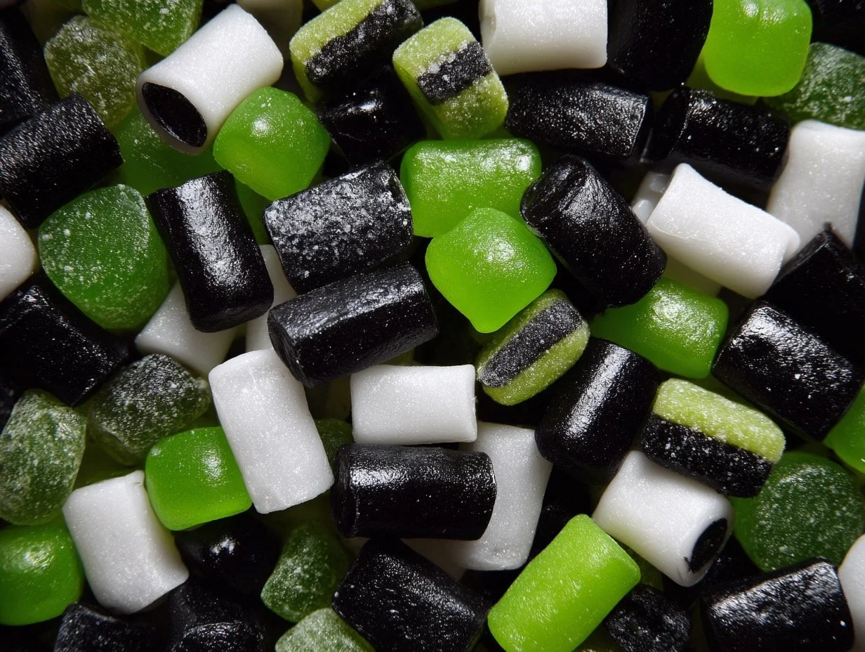 A selection of green, black, and white Pick 'n' mix sweets