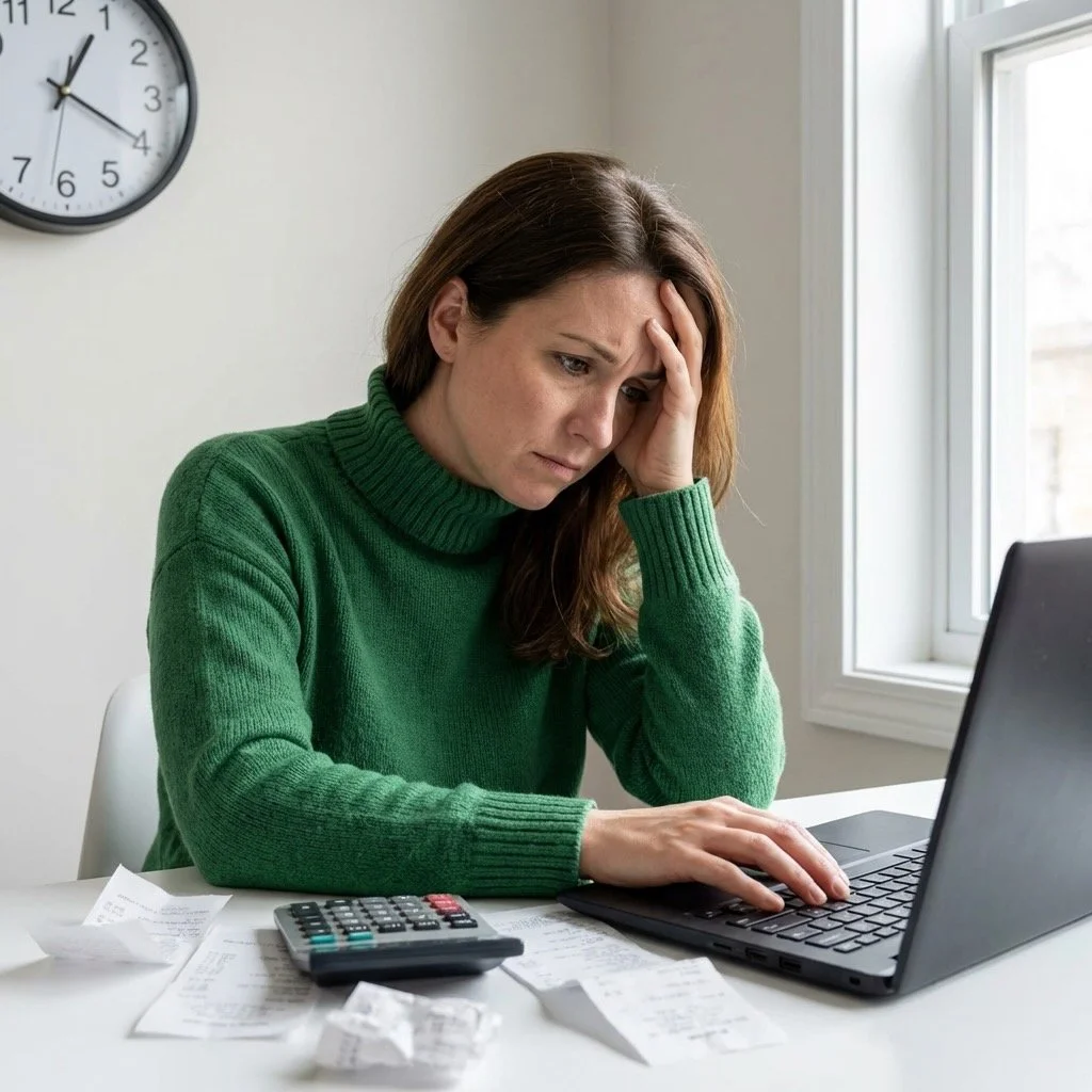 A photorealistic medium shot of a frustrated small business owner in her home office. She has her head in one hand, looking overwhelmed at her laptop.