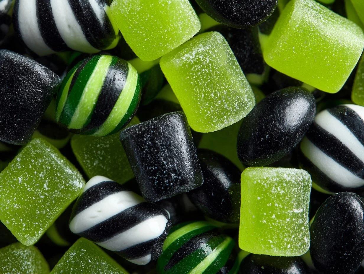 A selection of green, black, and white Pick 'n' mix sweets