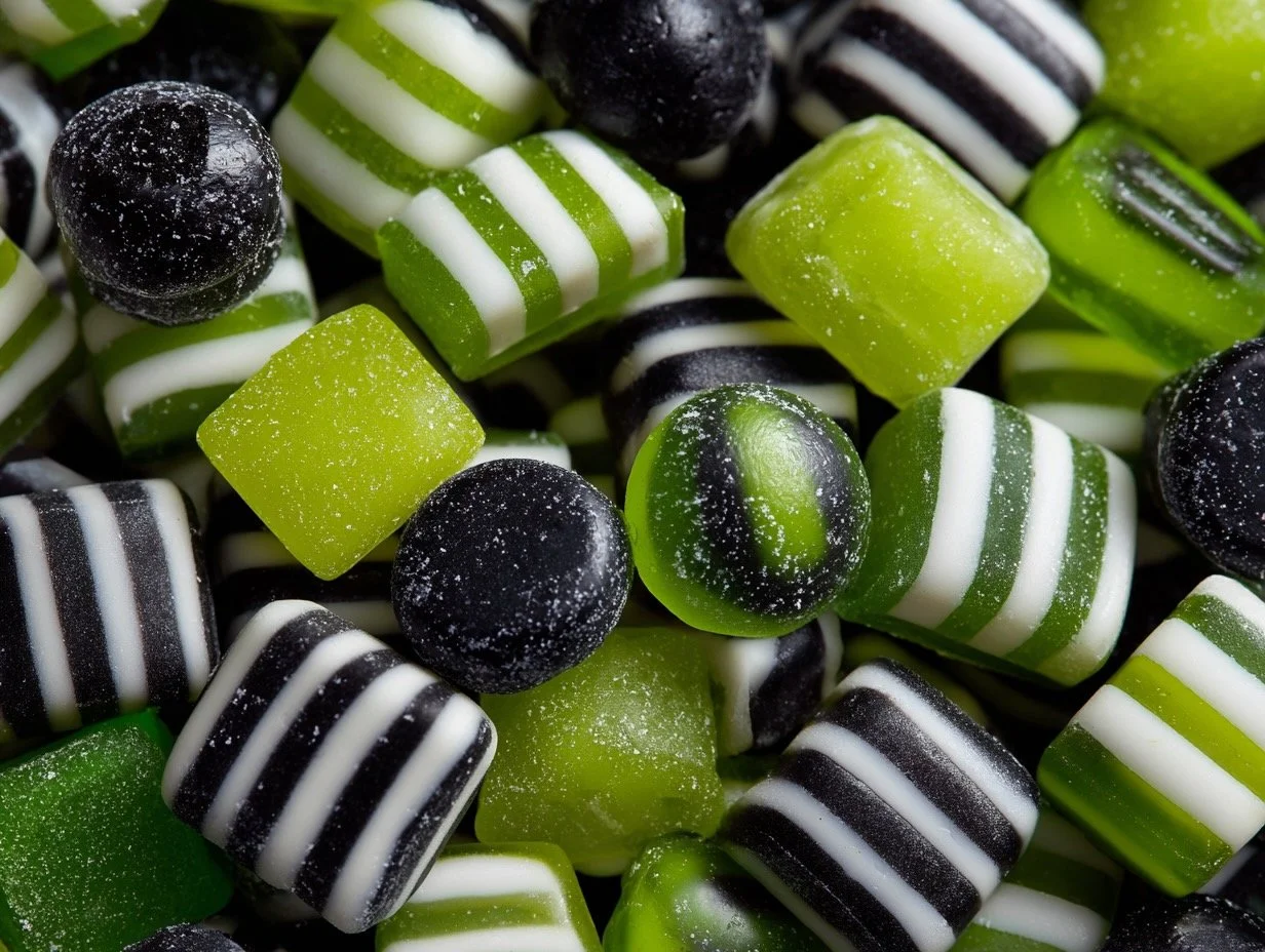 A selection of green, black, and white Pick 'n' mix sweets