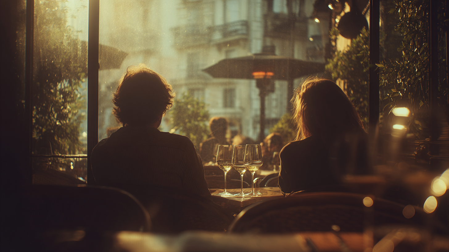 Two people sitting at a table with three wine glasses in a dimly lit restaurant, looking out the window at sunset with city buildings in the background.