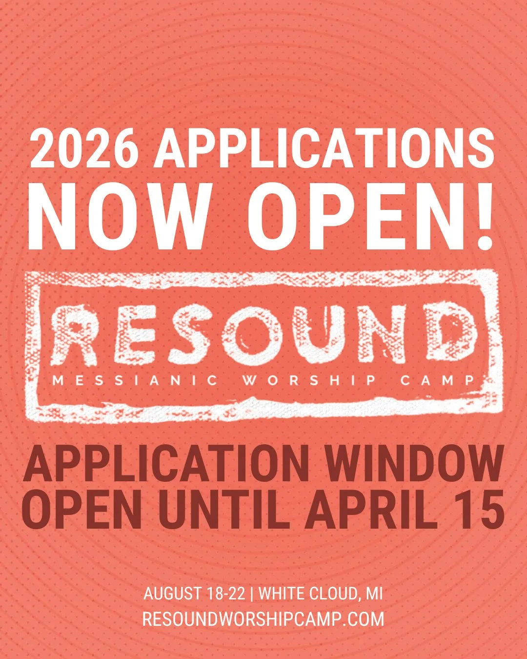 RESOUND is for worshippers, creatives, and leaders who want to go deeper in their relationship with Yeshua and walk in their individual life callings. ⁠
⁠
Resound 2026 is August 18-22 in White Cloud, Michigan.  Applications are open now!  More info a