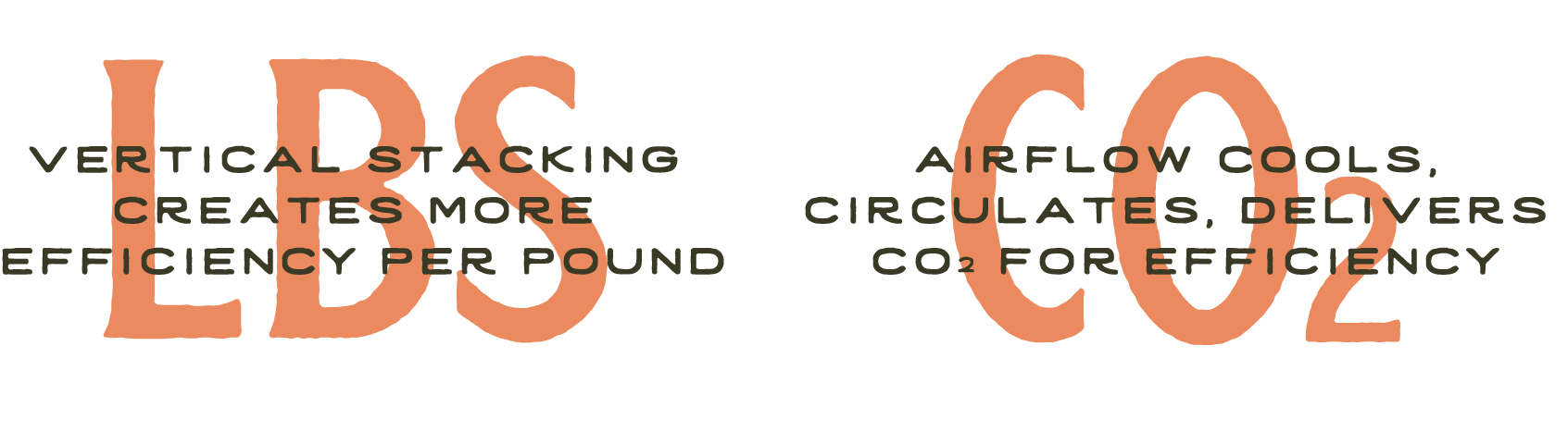 Text graphic with the words "LBS' and "CO2" in large orange letters, and additional text indicating 'Vertical stacking creates more efficiency' and 'Airflow cools, Circulates, Delivers' in smaller font.