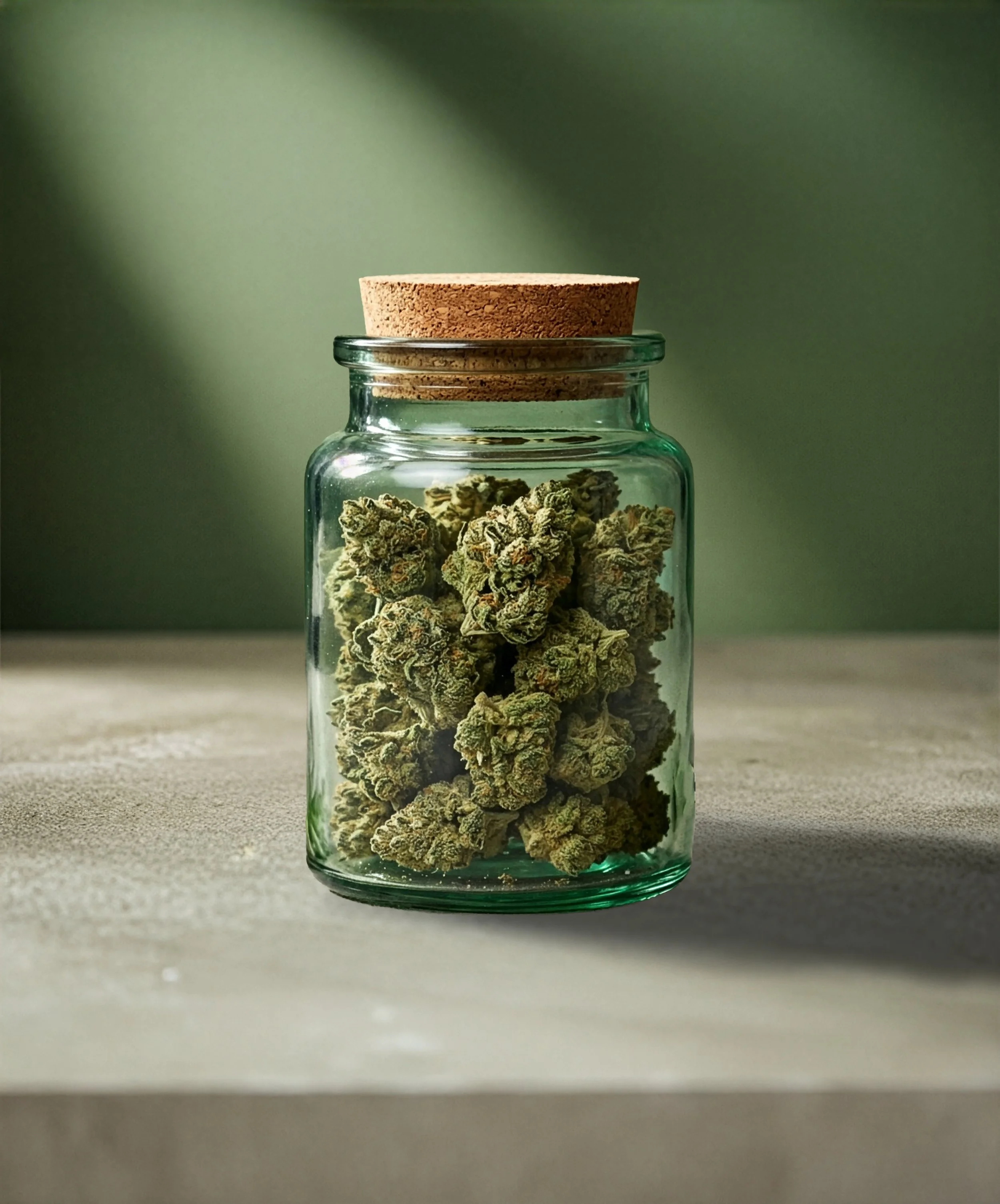 Glass jar with a cork lid filled with cannabis buds on a neutral surface, with a blurred green background.
