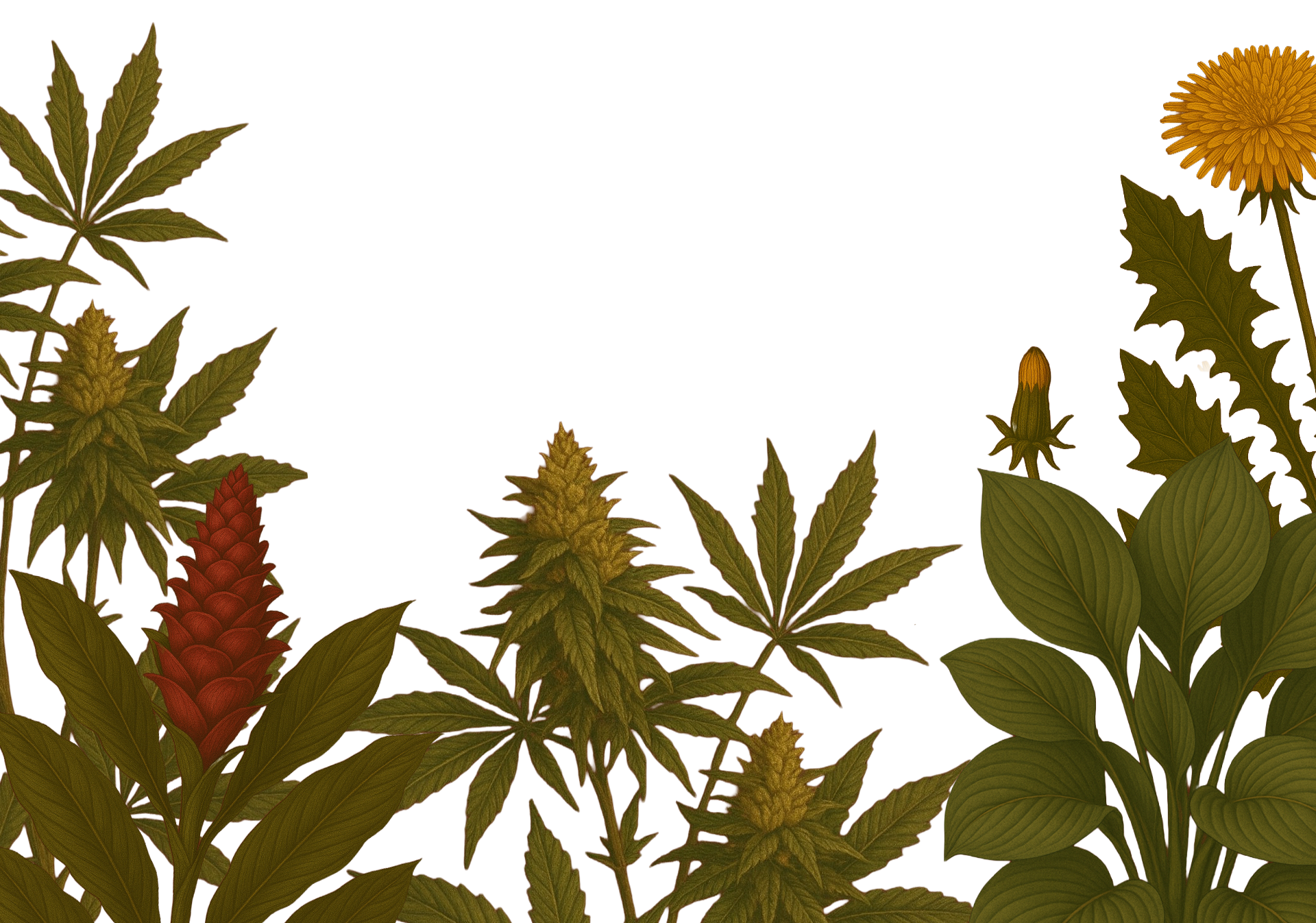 Various cannabis and other flowering plants with green leaves and buds, some with red or yellow flowers.