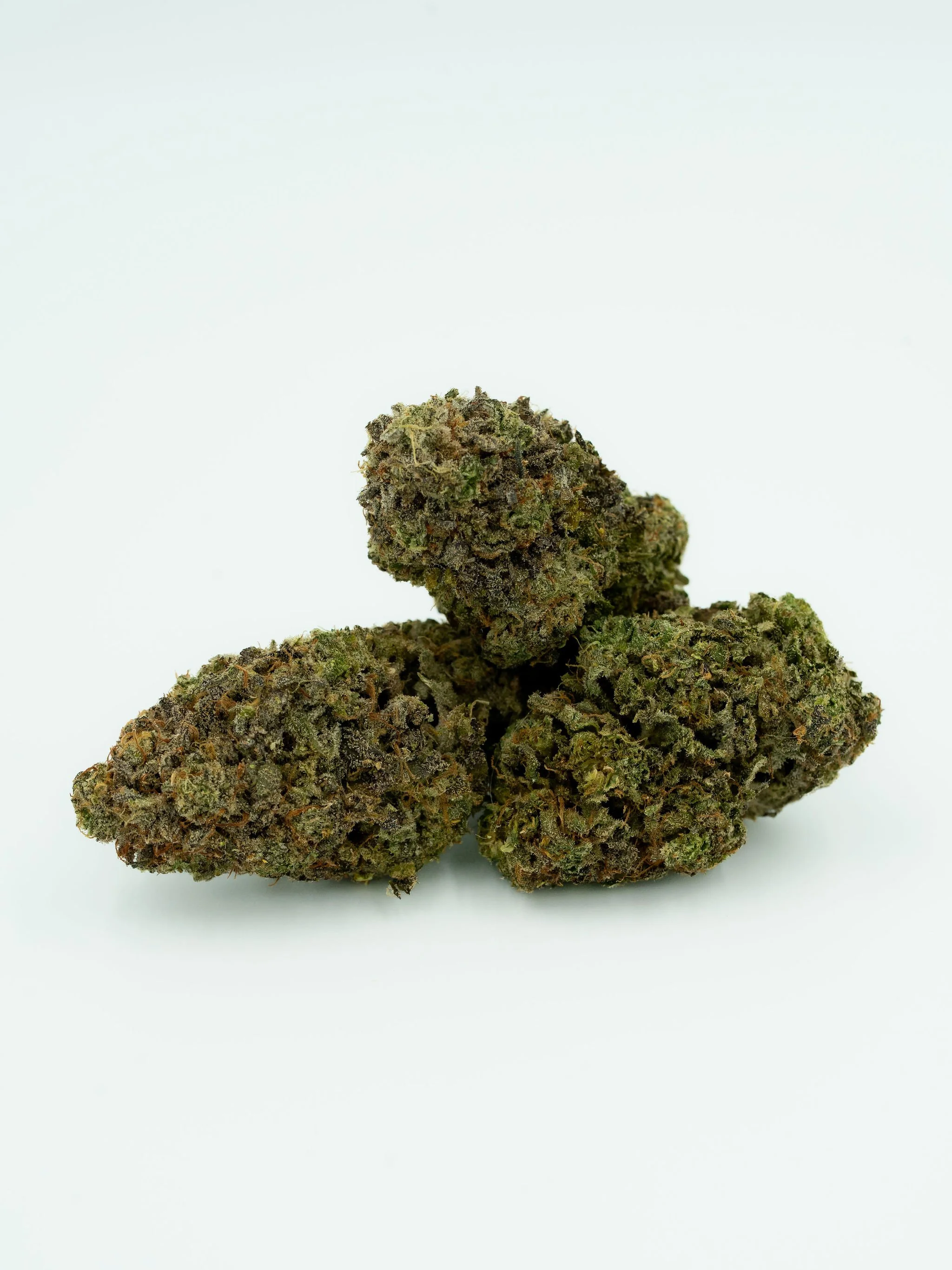 Three cannabis buds on a white background.