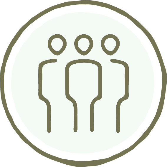 Icon of three abstract human figures standing side by side, representing a group or team.