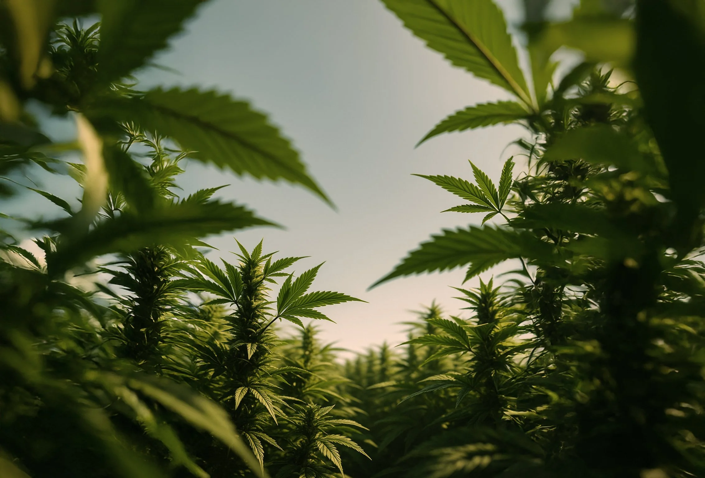 Cannabis plants growing outdoors with green leaves against evening sky.