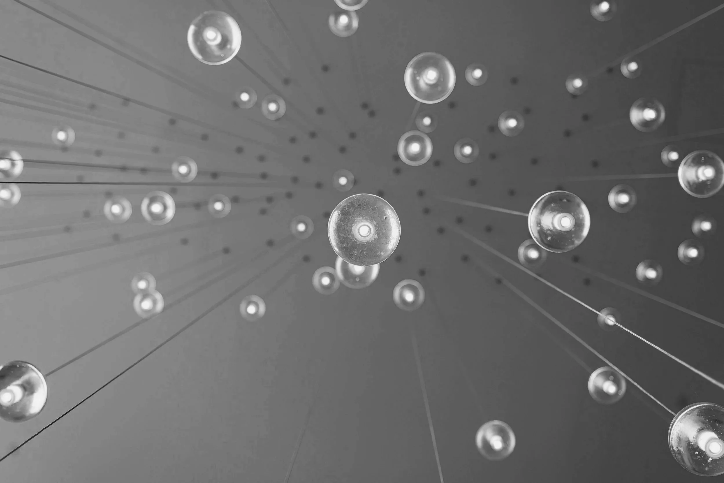 A black and white photo of multiple clear glass lightbulbs hanging from the ceiling with thin cords in a geometric pattern.