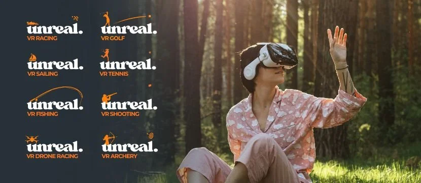 VR sports experiences including golf, tennis, clay pigeon shooting, archery, racing, fishing, sailing and drone racing.