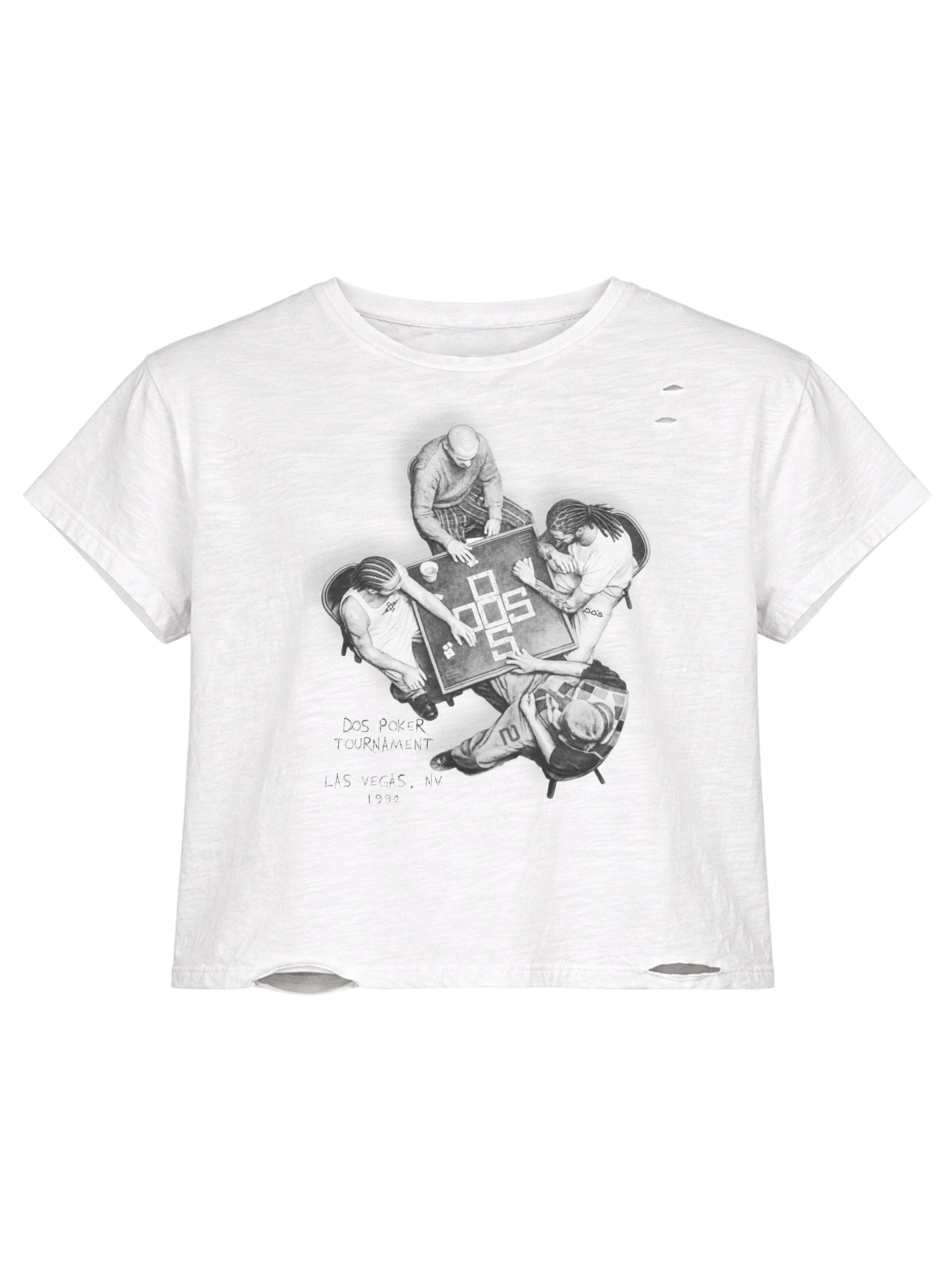 White T-shirt with a black and white illustration of people playing poker at a table. The text on the shirt reads "Dos Poker Tournament Las Vegas NV 1992."