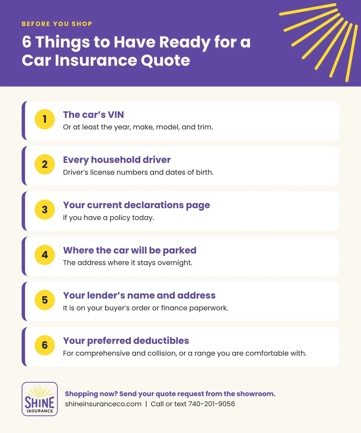 Infographic: 6 Things to Have Ready for a Car Insurance Quote. 1. The car’s VIN. 2. Every household driver. 3. Your current declarations page. 4. Where the car will be parked. 5. Your lender’s name and address. 6. Your preferred deductibles.