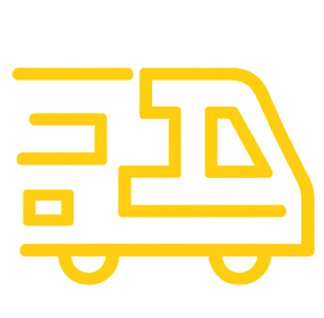 A yellow delivery truck with a red and green detail underneath, set against a black background.