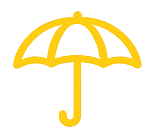 Illustration of a yellow umbrella with a small yellow bag hanging from it.