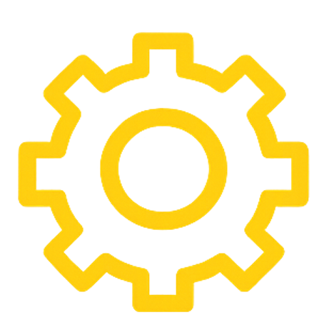 A yellow gear icon with a circular center and jagged edges.