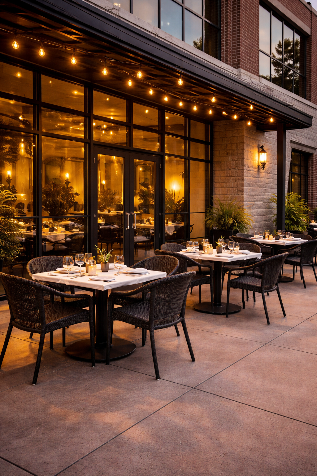 Outdoor patio of a restaurant with tables set for dining, white tablecloths, candles, and glassware, illuminated by string lights and wall-mounted lanterns in the evening, with a modern brick building in the background.