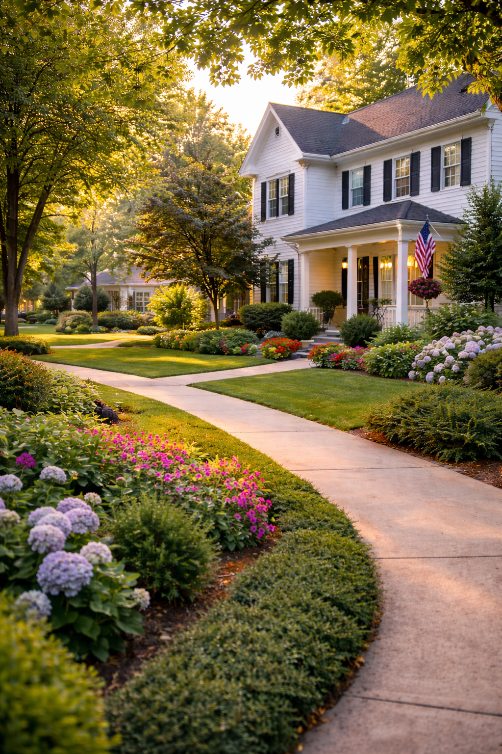 A white two-story house with black shutters, decorated with an American flag and hanging flowers, is surrounded by a well-maintained garden with colorful flowers and green shrubs, with a curved sidewalk leading to the front porch and trees in the yard at sunset.