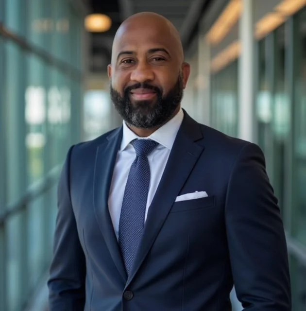 Bald man with beard in navy suit and tie standing in modern office building corridor.