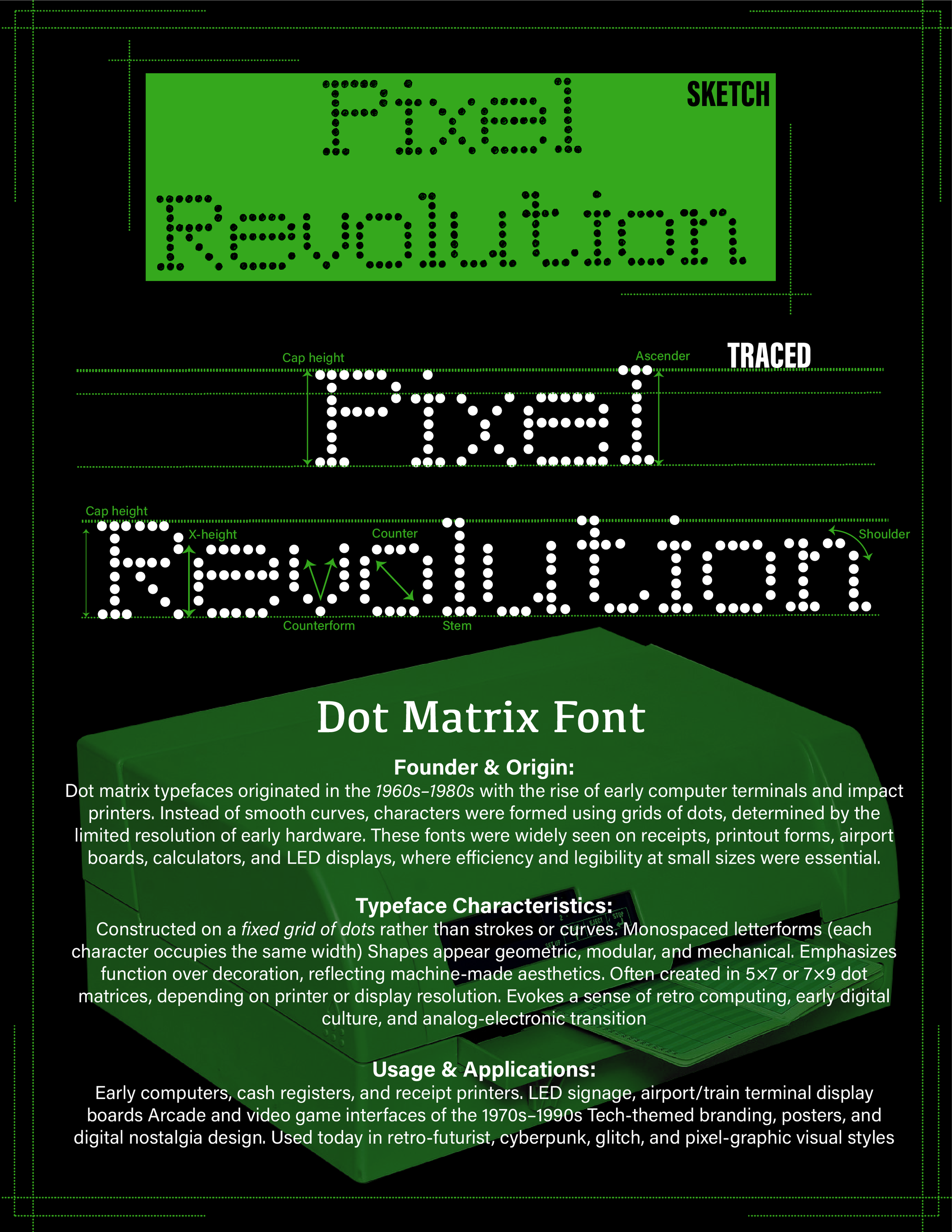 I created the typeface using the Ellipse Tool to form each letter from repeated dots. I duplicated, aligned, and adjusted spacing on a consistent grid. Then I traced and refined the letterforms. I used the Line Segment Tool to label typographic anato