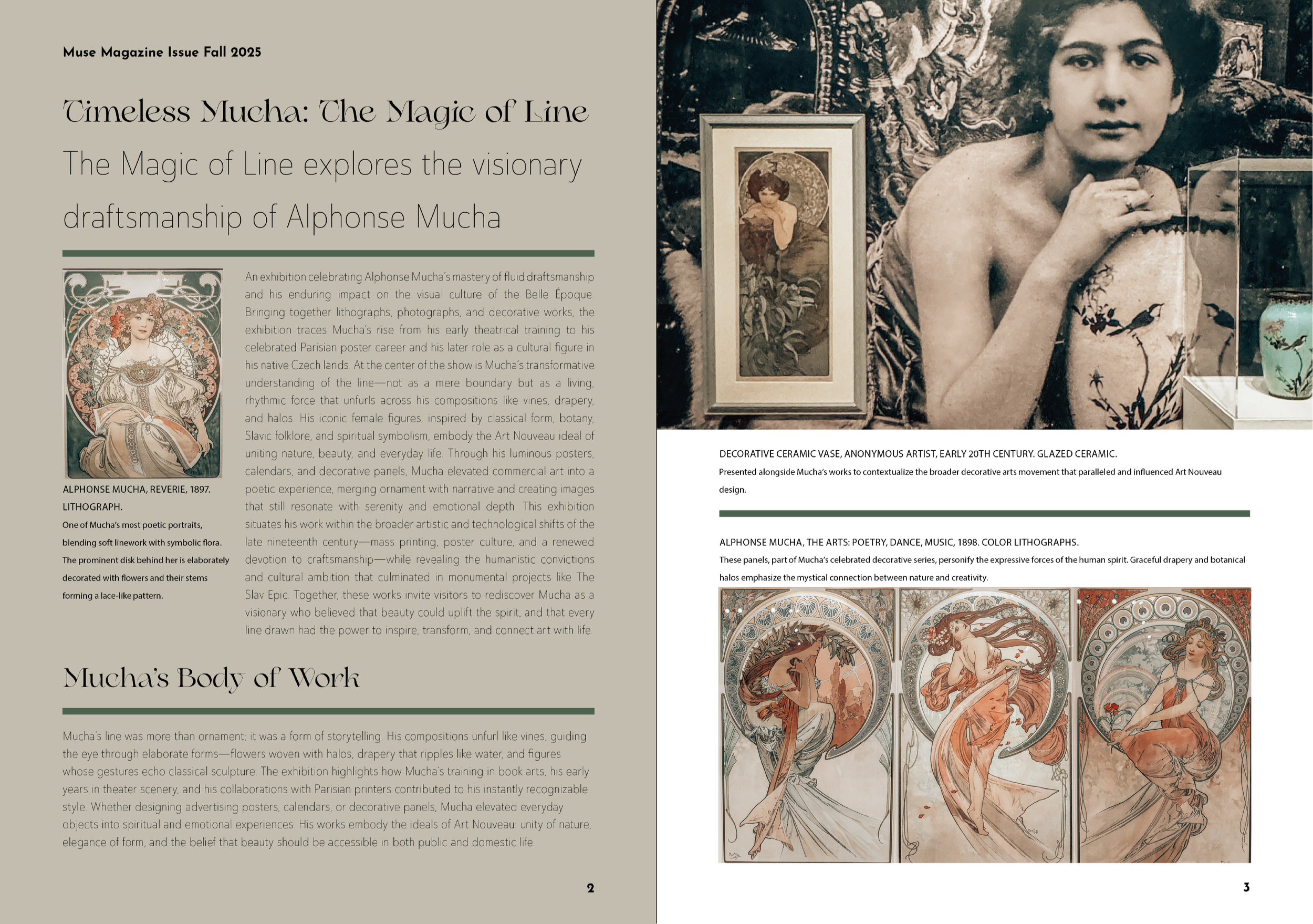 I created my four-page gallery magazine layout on Timeless Mucha and Art Nouveau, I used Adobe InDesign to organize text and images with master pages, text frames, and a consistent column grid. I placed and scaled high-resolution artwork, used alignm