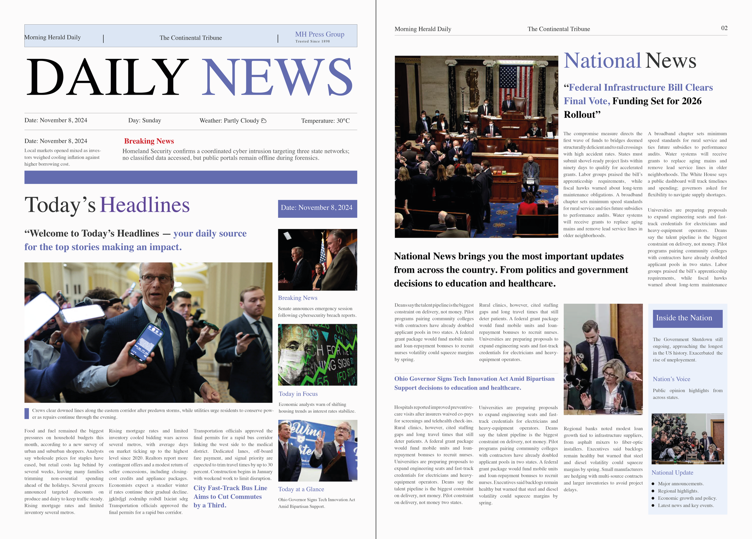 For the newspaper, I concentrated more on the alignment of the texts. So I did this by putting in the page grid into verticals of threes to create three paragraphs evenly spaced columns. For the front, I created the title as the Daily News and had mo