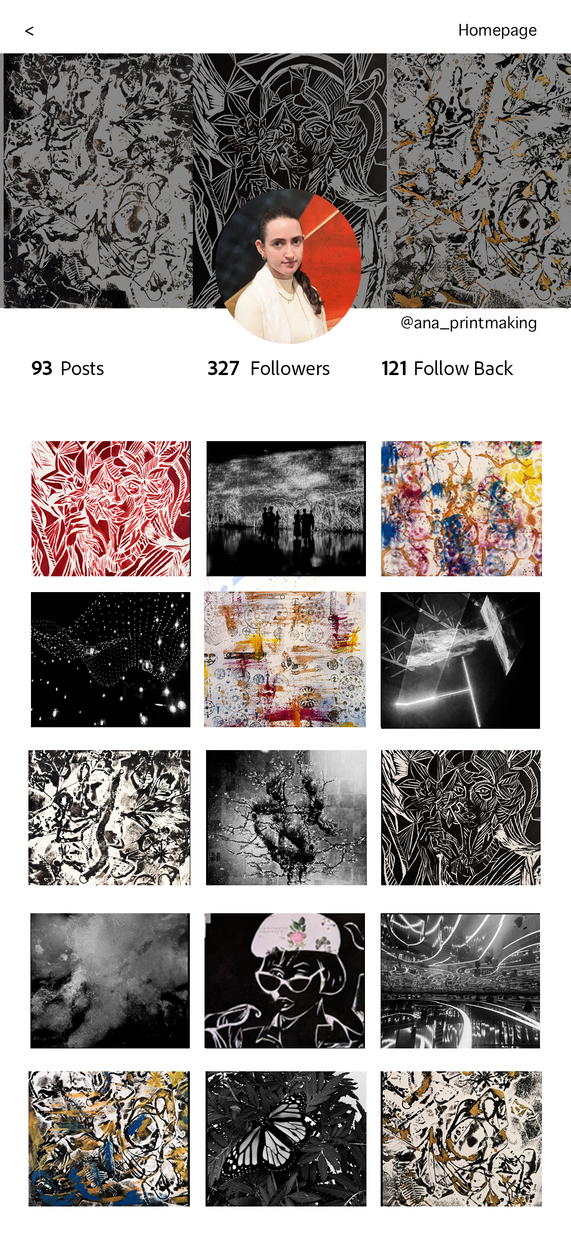 For this assignment, I went ahead and created two different profile page. First one you would see it on computer homepage as an art profile on a website. Each art board has its own page if its scrolled down. Starting homepage, canvas, journey, commis