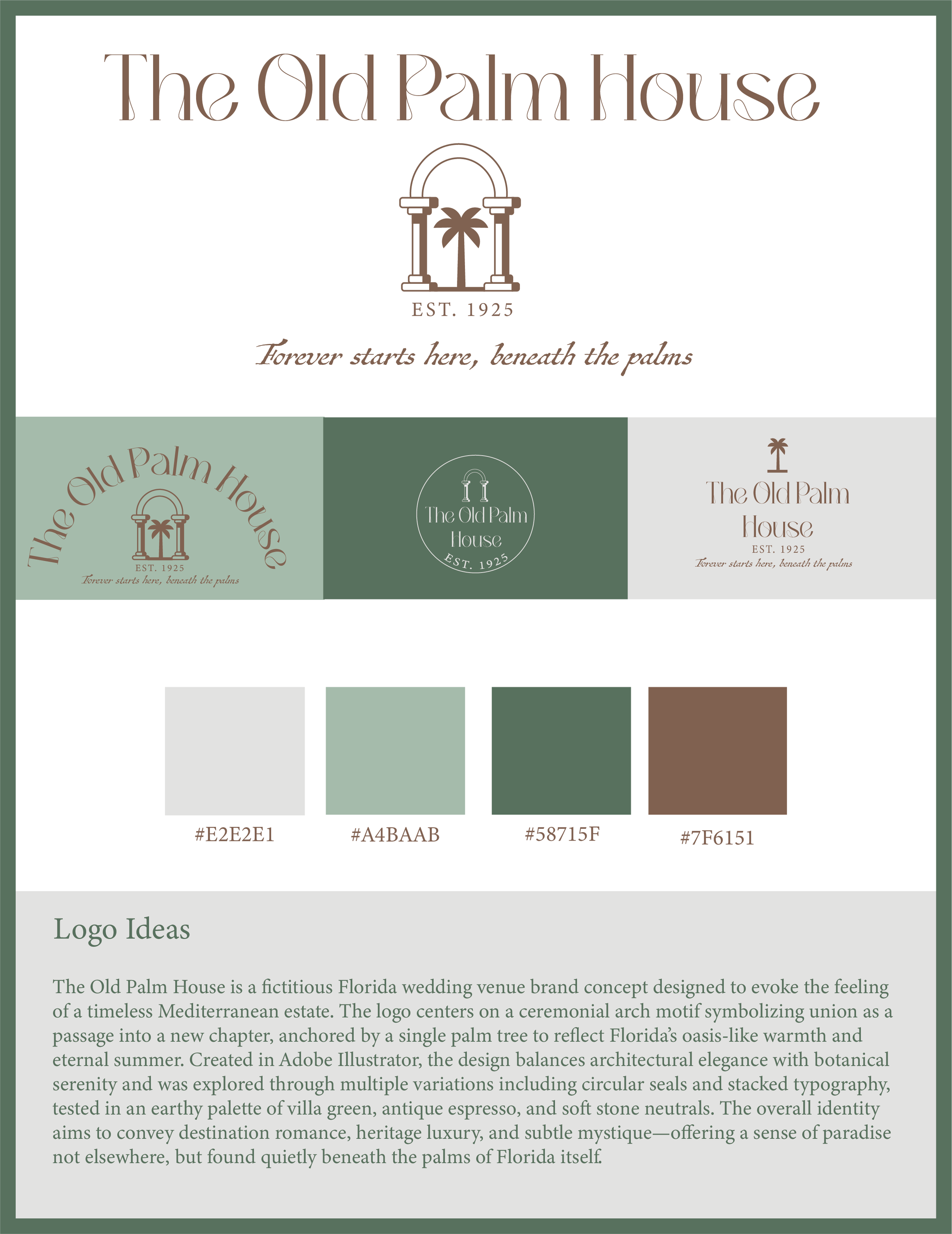 In Illustrator, I built the logo system vector-first. I constructed the Mediterranean-style arches using shape and path tools, refining the curves manually with Bézier handles for symmetry and architectural accuracy. I created a single palm tree icon