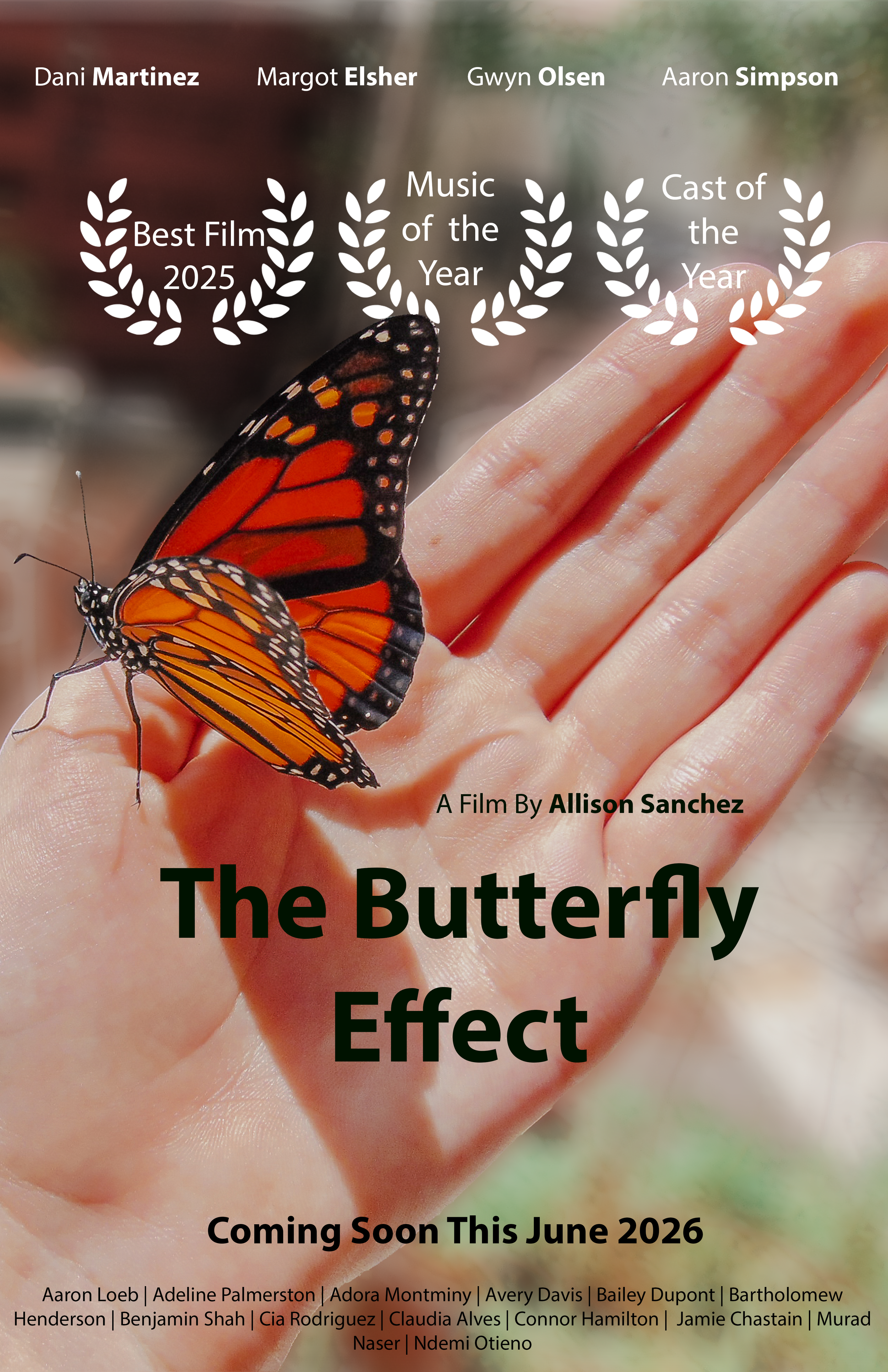 For the movie poster, I began by importing my main butterfly image and duplicating the layer. On the duplicate, I used Select Subject and Select and Mask to isolate the butterfly and hand. I kept this cut-out as the top layer. On the original backgro