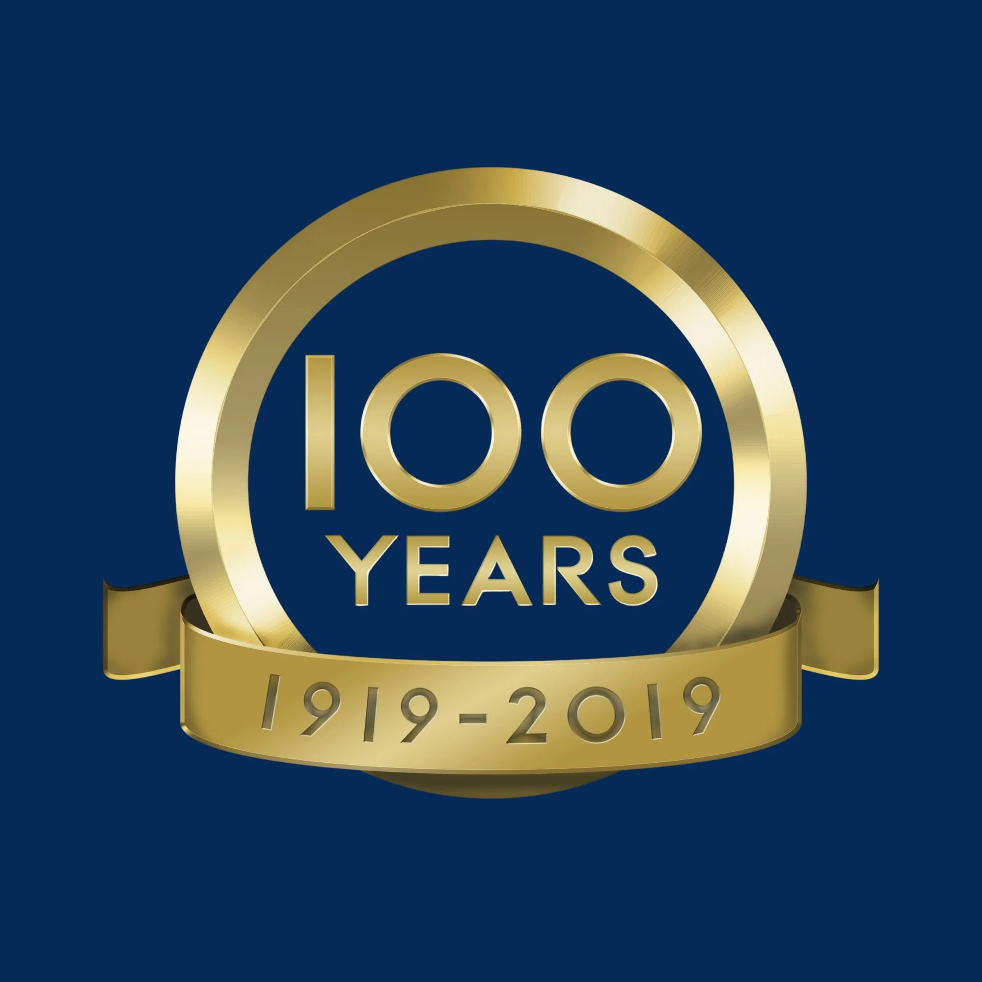 Golden circular emblem with the words "100 Years" and the date "1919-2019" on a dark blue background.