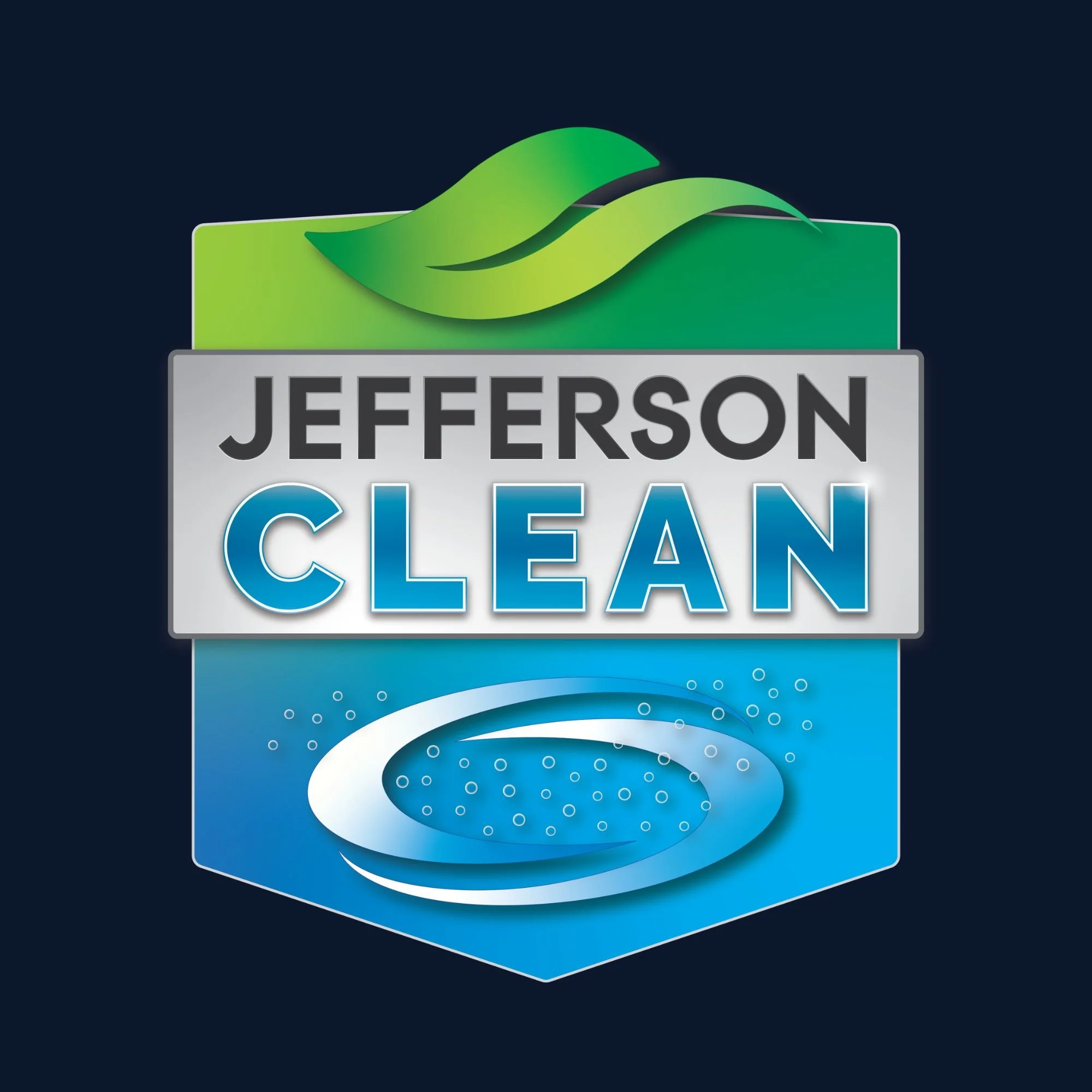 Jefferson Clean logo with green and blue waves above the company name on a dark background.
