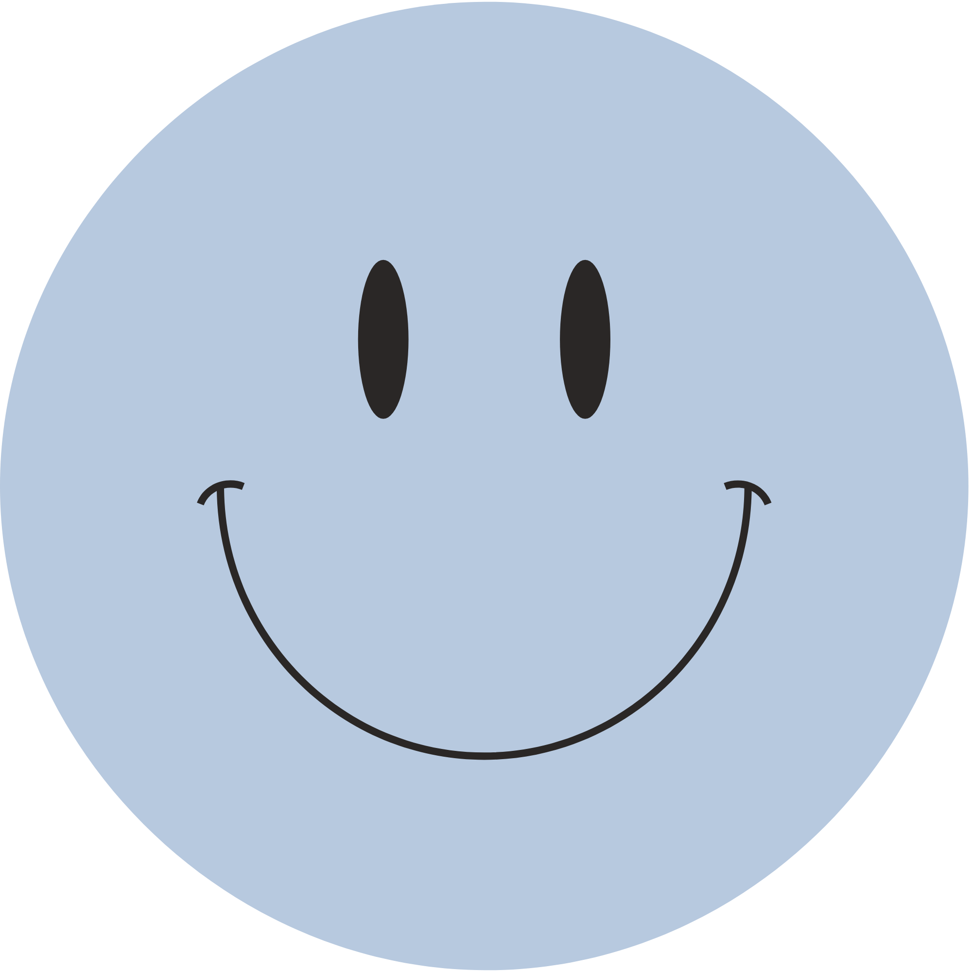 Close-up of a cartoon blue smiling face with two black oval eyes and a curved black line forming a smile.