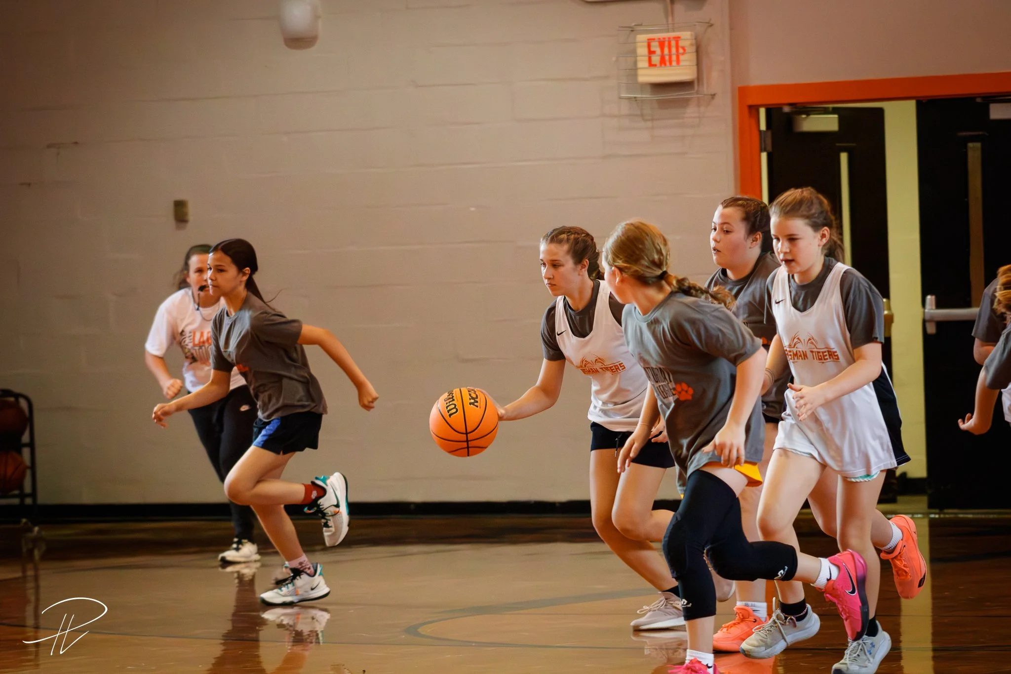 Young girls playing basketball in an indoor gymnasium, one girl dribbling the ball while others run alongside.