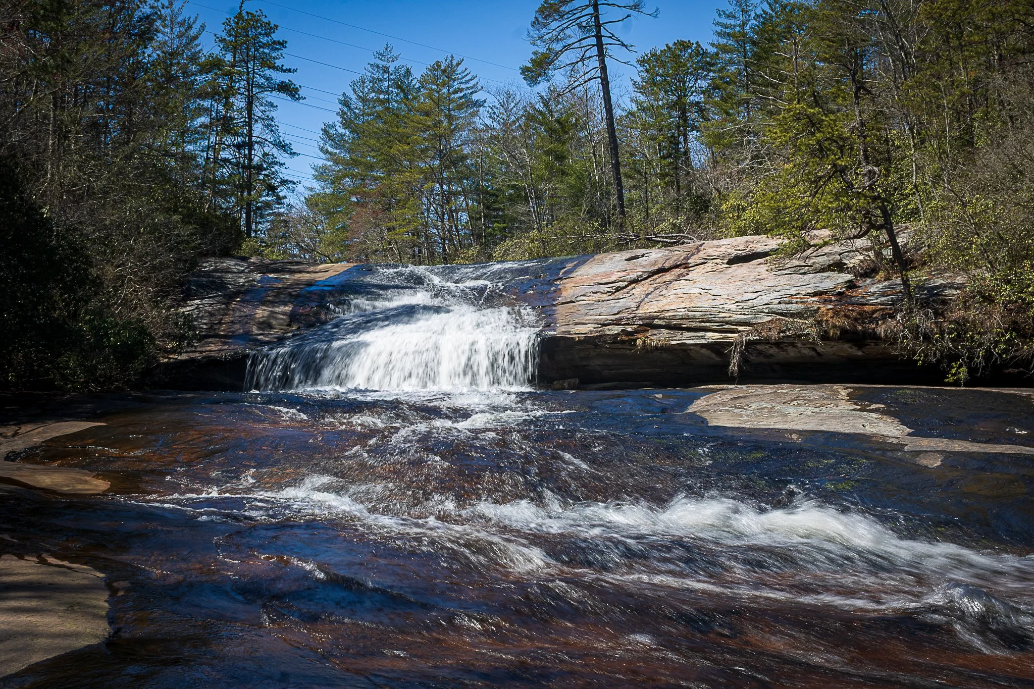 A small waterfall flowing over rocks in a forested area with tall trees and a clear blue sky.