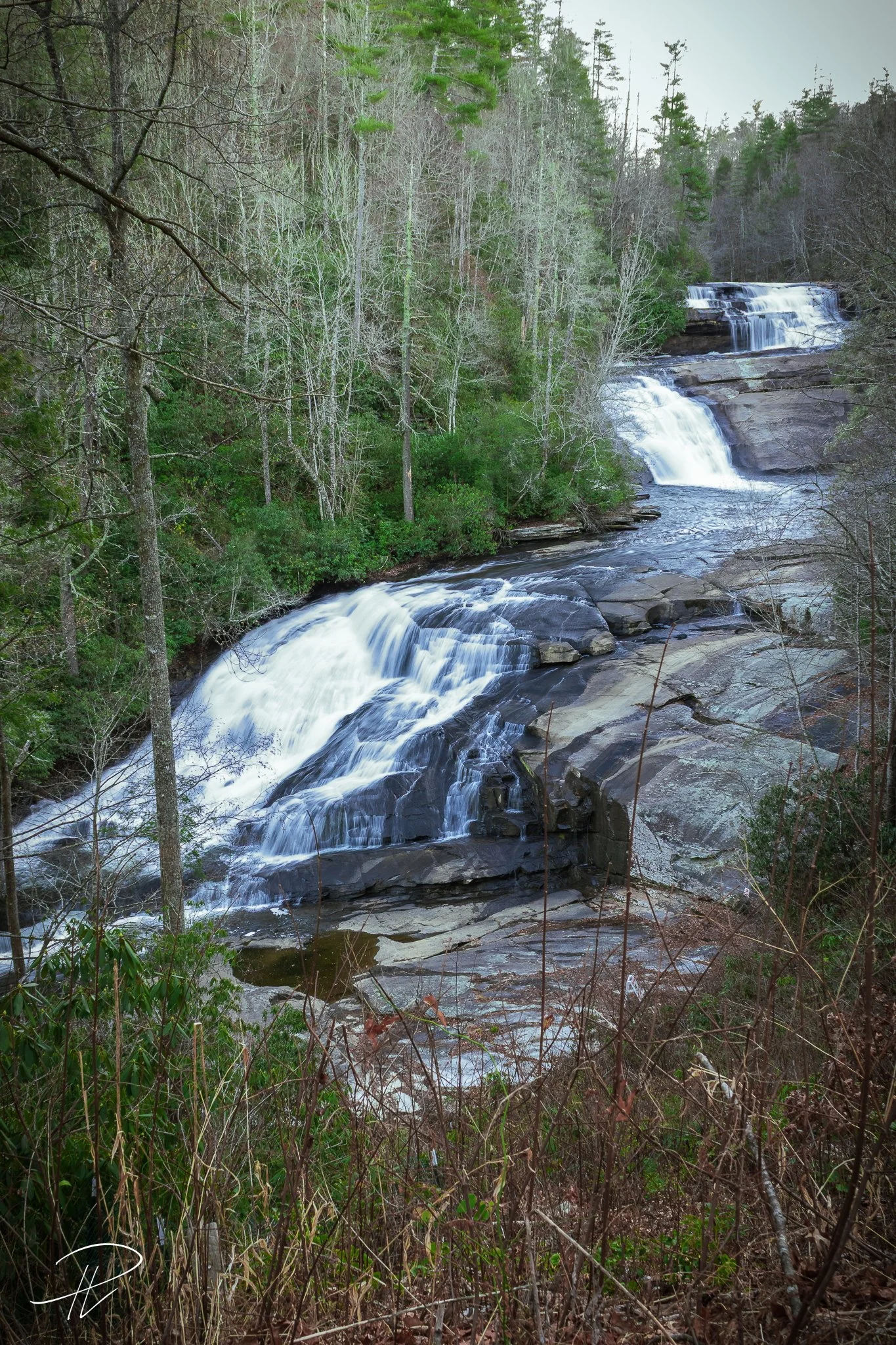 Waterfall cascading over rocks surrounded by trees and shrubs in a forest.