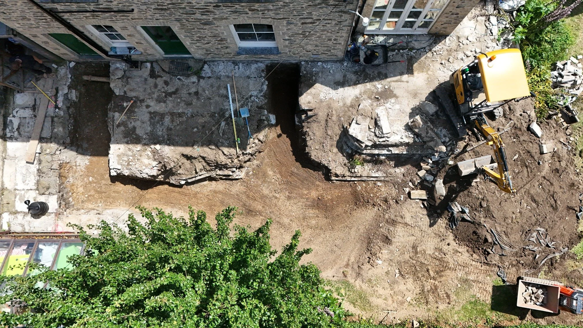 Drone view of house extension foundation excavation and groundworks by Tamar Construction in Cornwall.