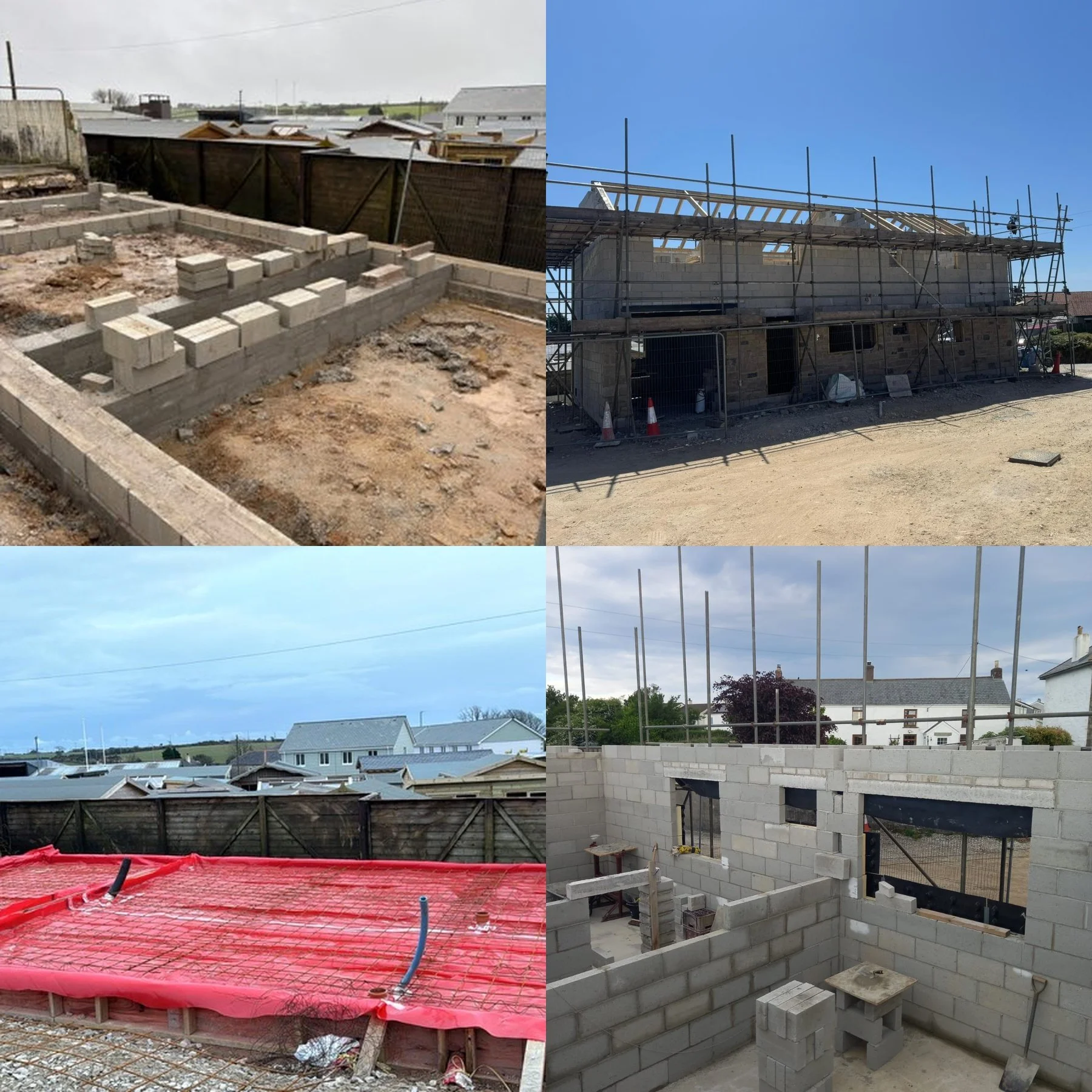 New build house construction by Tamar Construction showing structural framing and building progress in Cornwall.