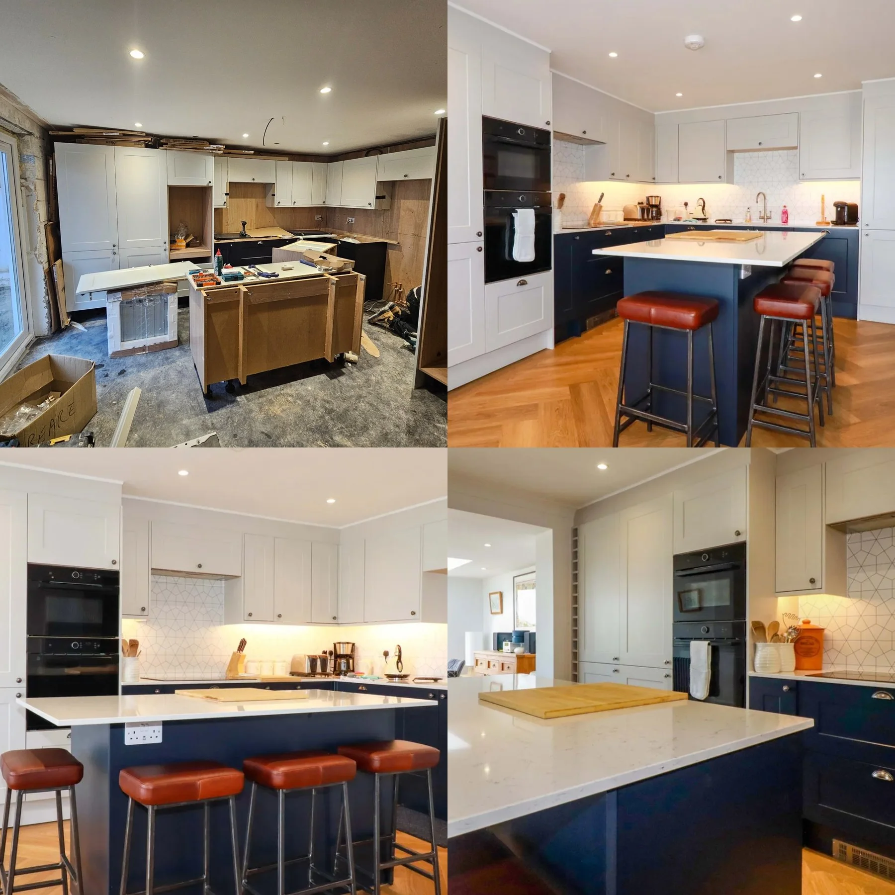 Kitchen renovation and extension by Tamar Construction featuring shaker cabinets, quartz worktops and island seating in Cornwall.