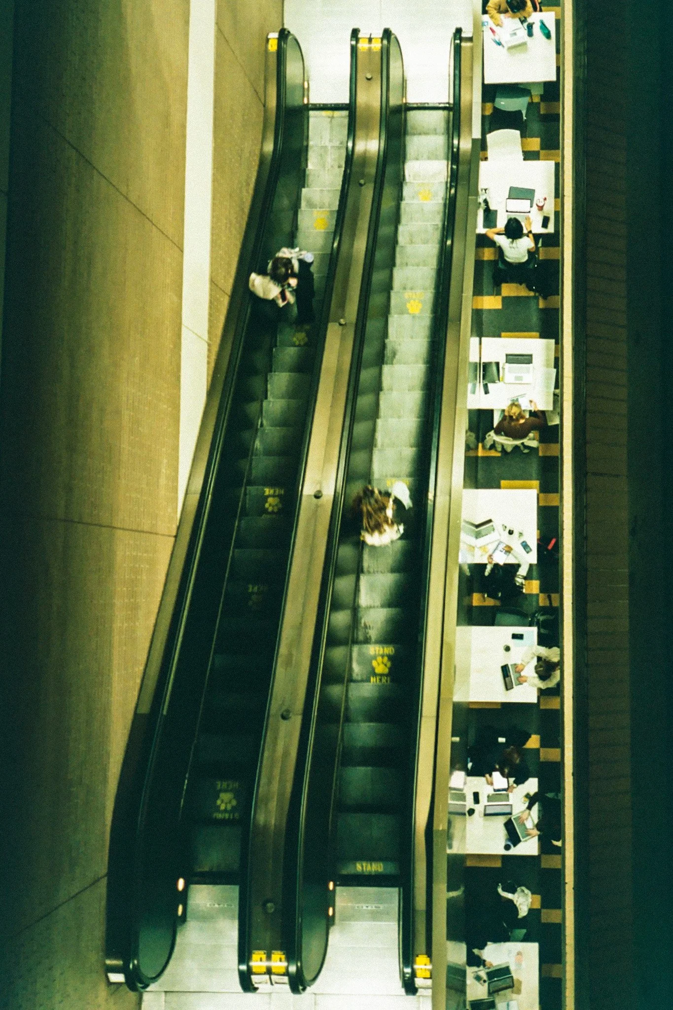 View from above of an indoor space with two parallel escalators and several people working at desks on the right side.