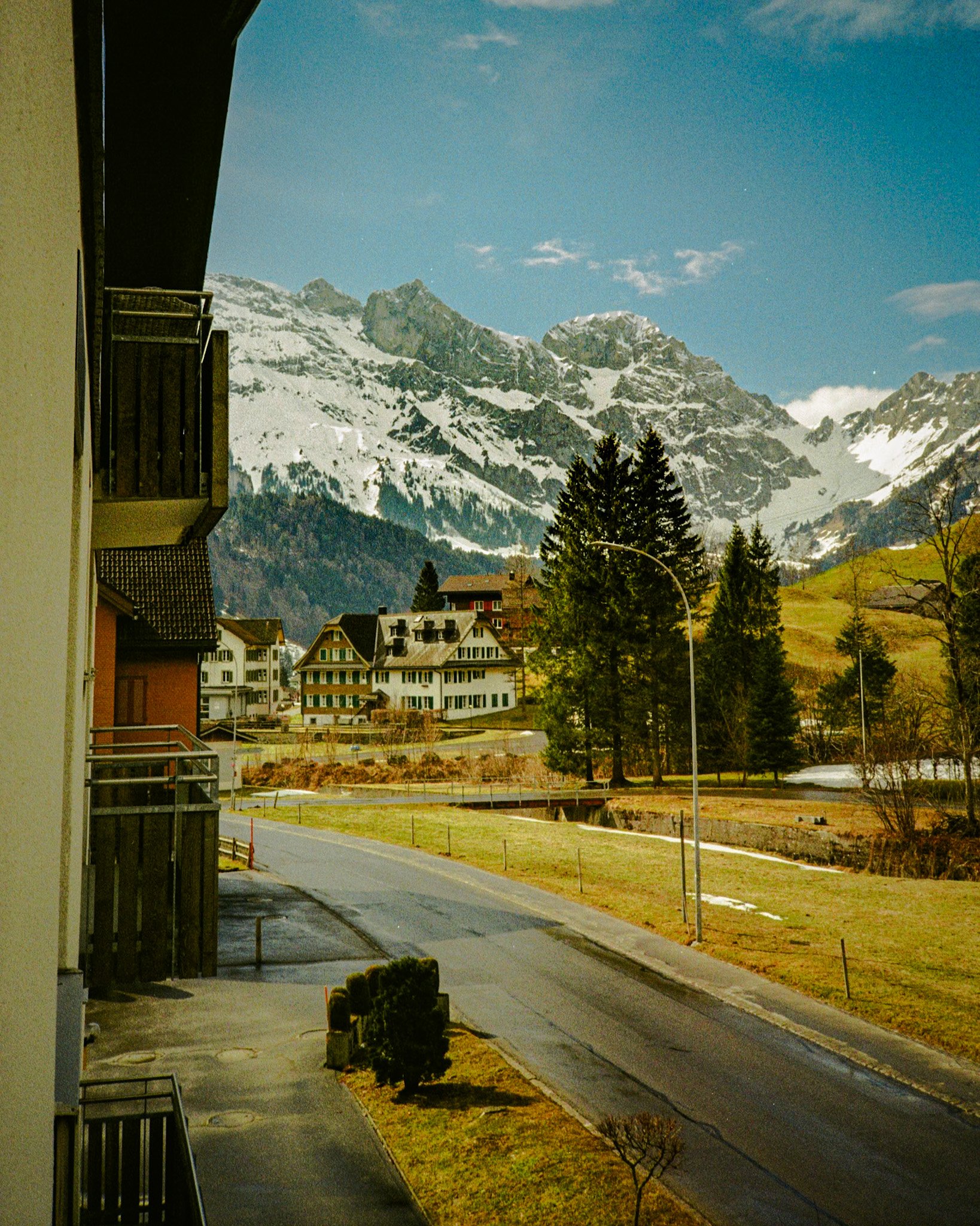 View of a street in a mountain village with snow-capped peaks in the background, several houses, trees, and a roadside lamp post.
