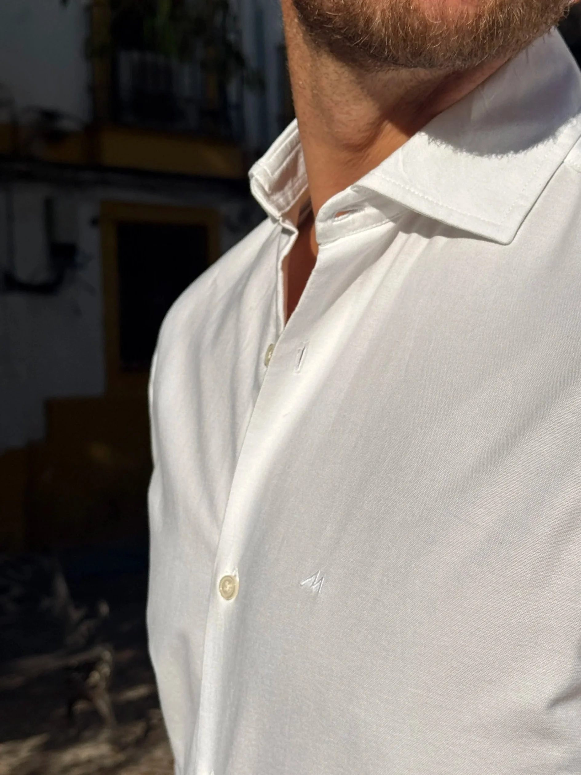 Close-up of a man wearing a white dress oxford cloth cutaway (spread) collar shirt with the top button undone. The background is blurred and shows bookshelves and furniture.