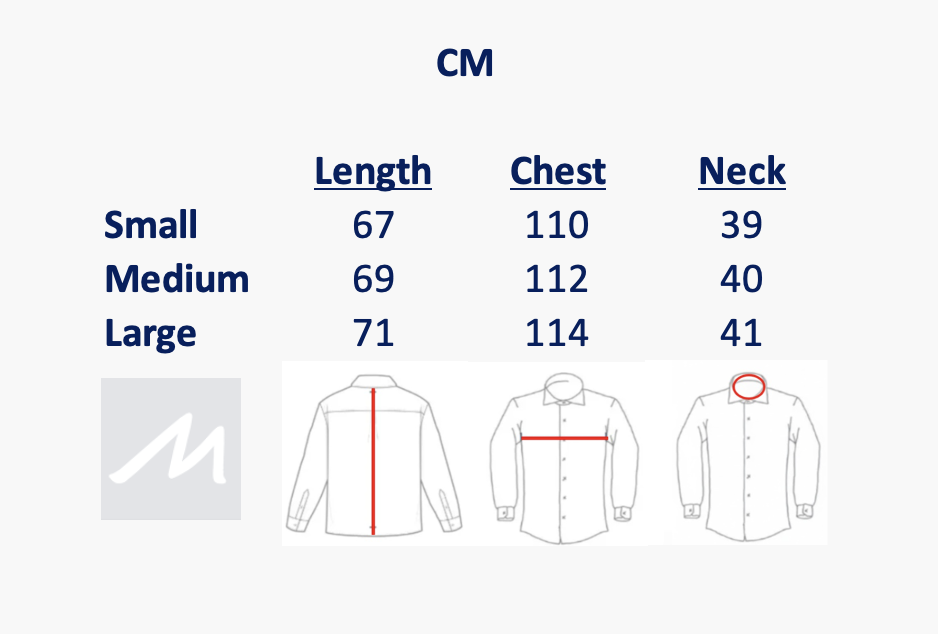 Size chart for men's shirts with measurements in centimeters for Small, Medium, and Large. The chart includes length, chest, and neck measurements, along with corresponding illustrations of shirt back, front, and collar areas.