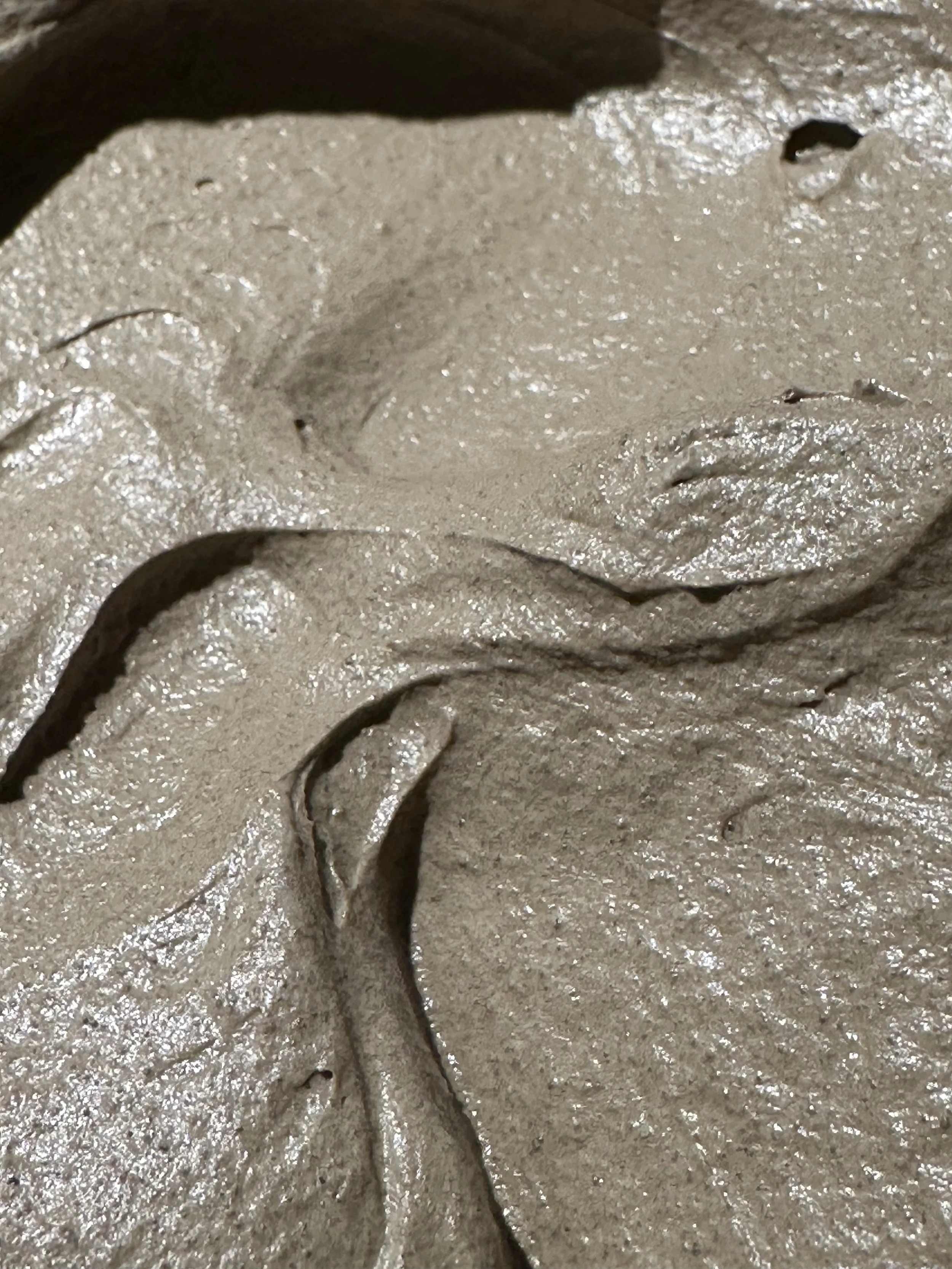 Close-up of a textured surface with swirls and ridges, beige in color.