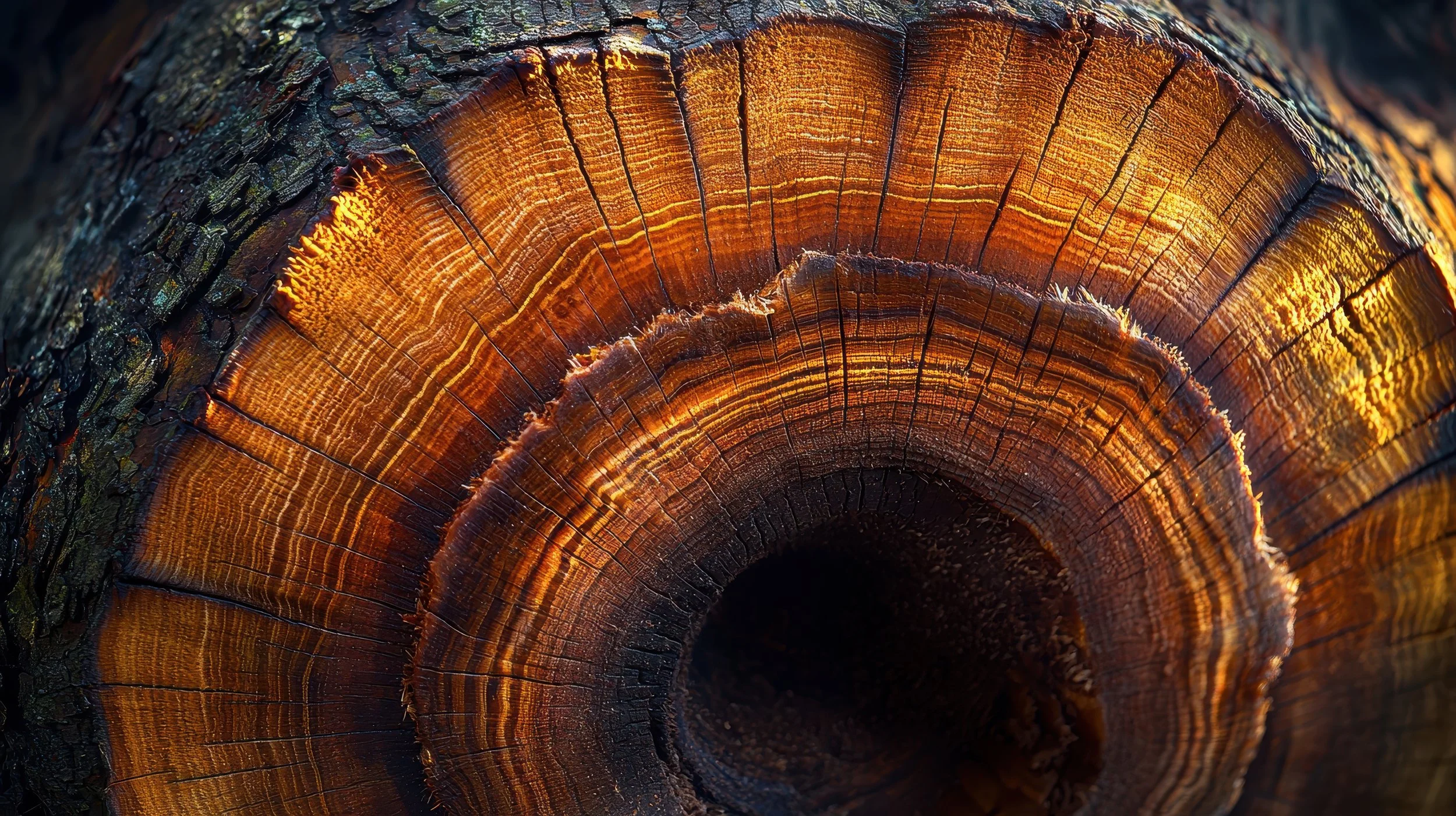 Close-up of a tree trunk cut cross-section showing growth rings, with textured bark around the edge, illuminated by warm light.