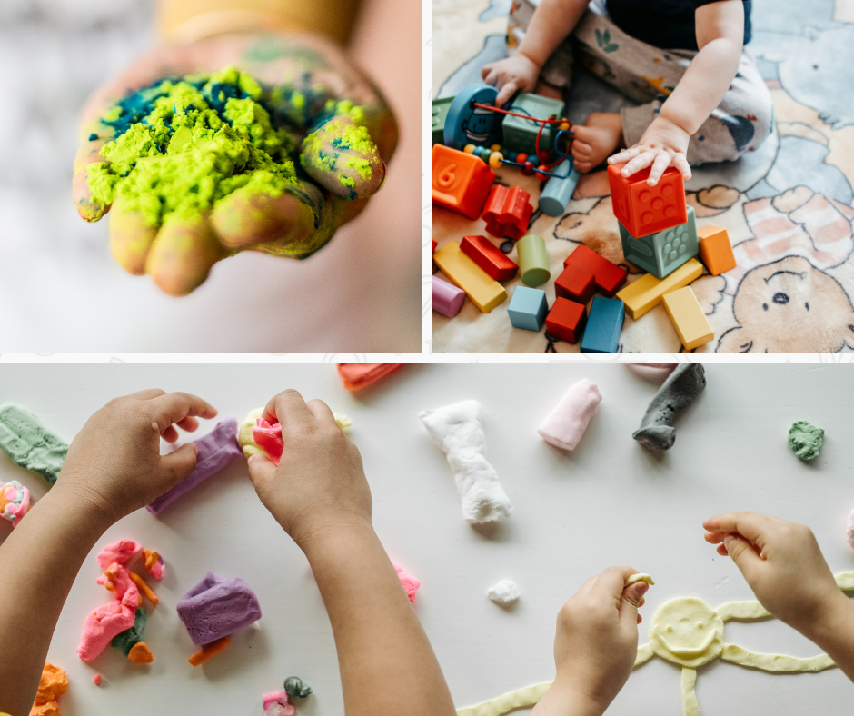 Children playing with colorful modeling clay and building blocks.