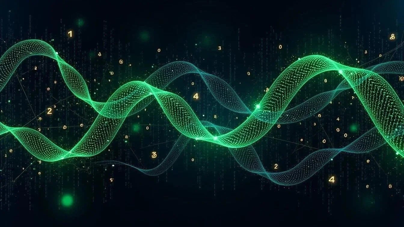 Digital visualization of glowing green and blue waveforms with scattered numbers and data points, representing data or sound waves in a technological or scientific context.