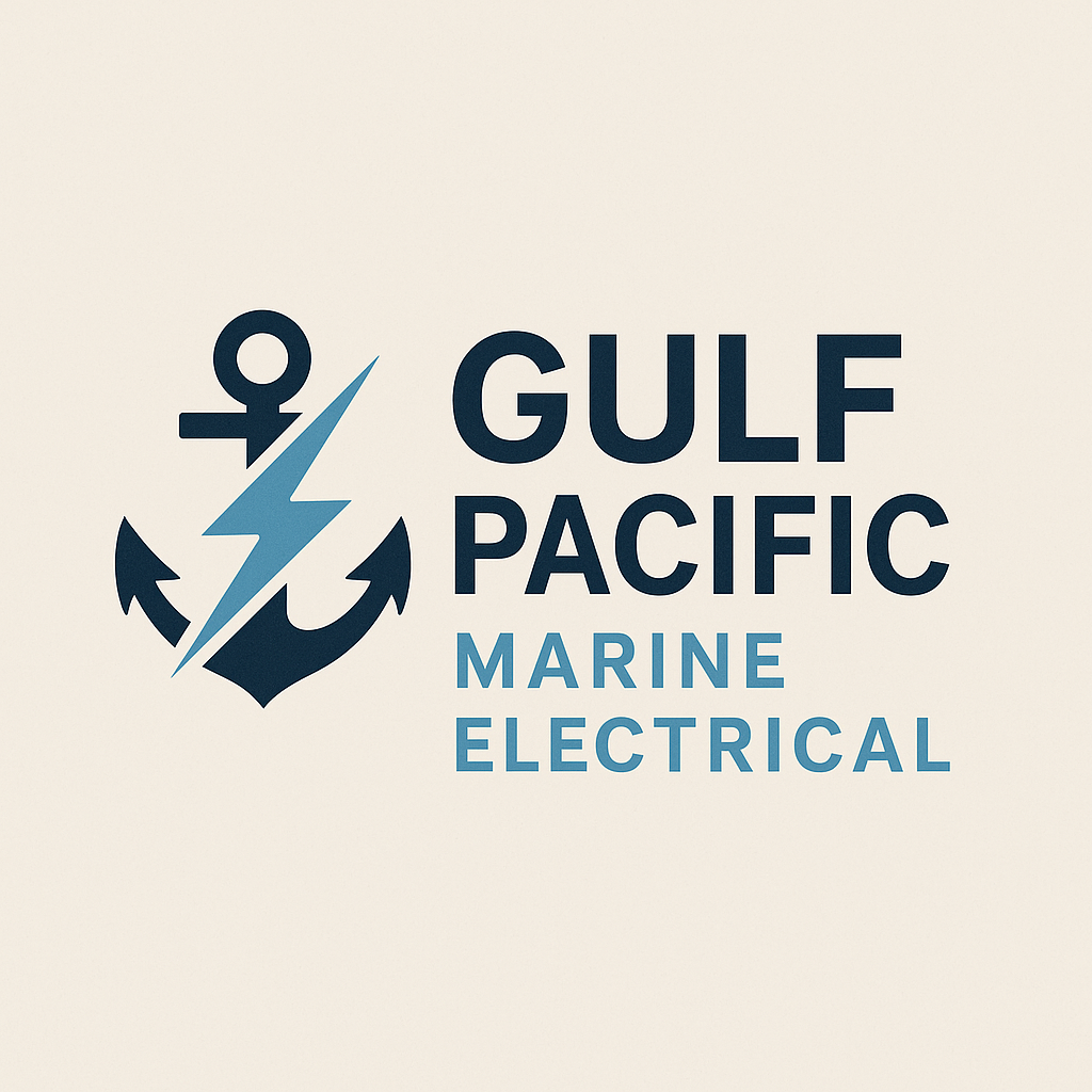 Gulf Pacific Marine Electrical logo with a nautical anchor and lightning bolt on a light background.